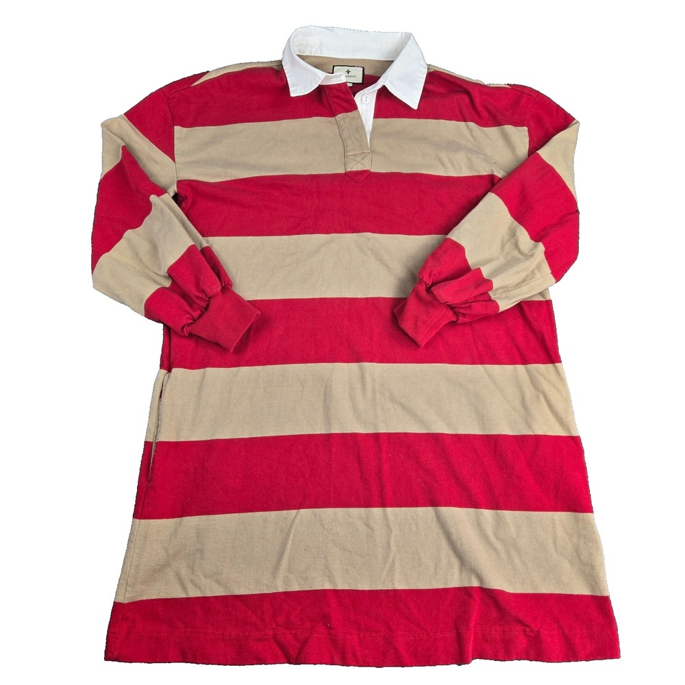 Tuckernuck Shirt Dress Women Large Travis Red Tan Striped Pockets Long Sleeve